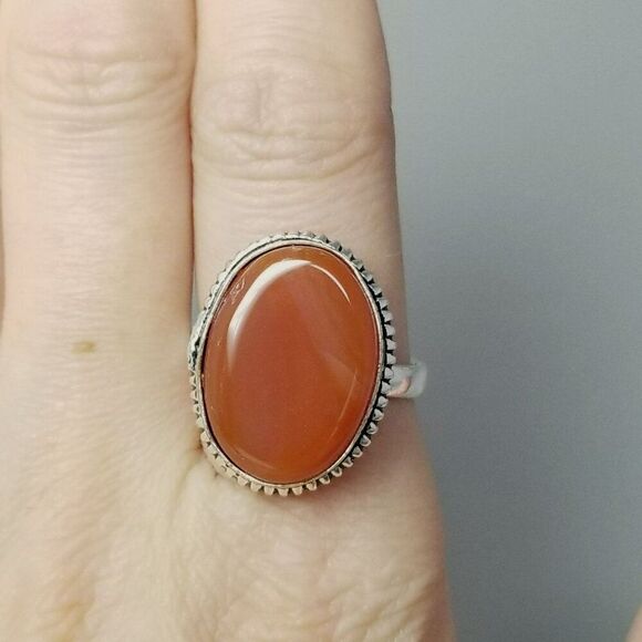 Vintage Oval Orange Stone Ring, Bezel Set Silver Tone Size 8 1/2 Band, Estate - Picture 2 of 8